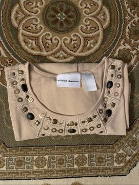 Alfred Dunner Beige Embellished Scoop Neck Top with Black Accents